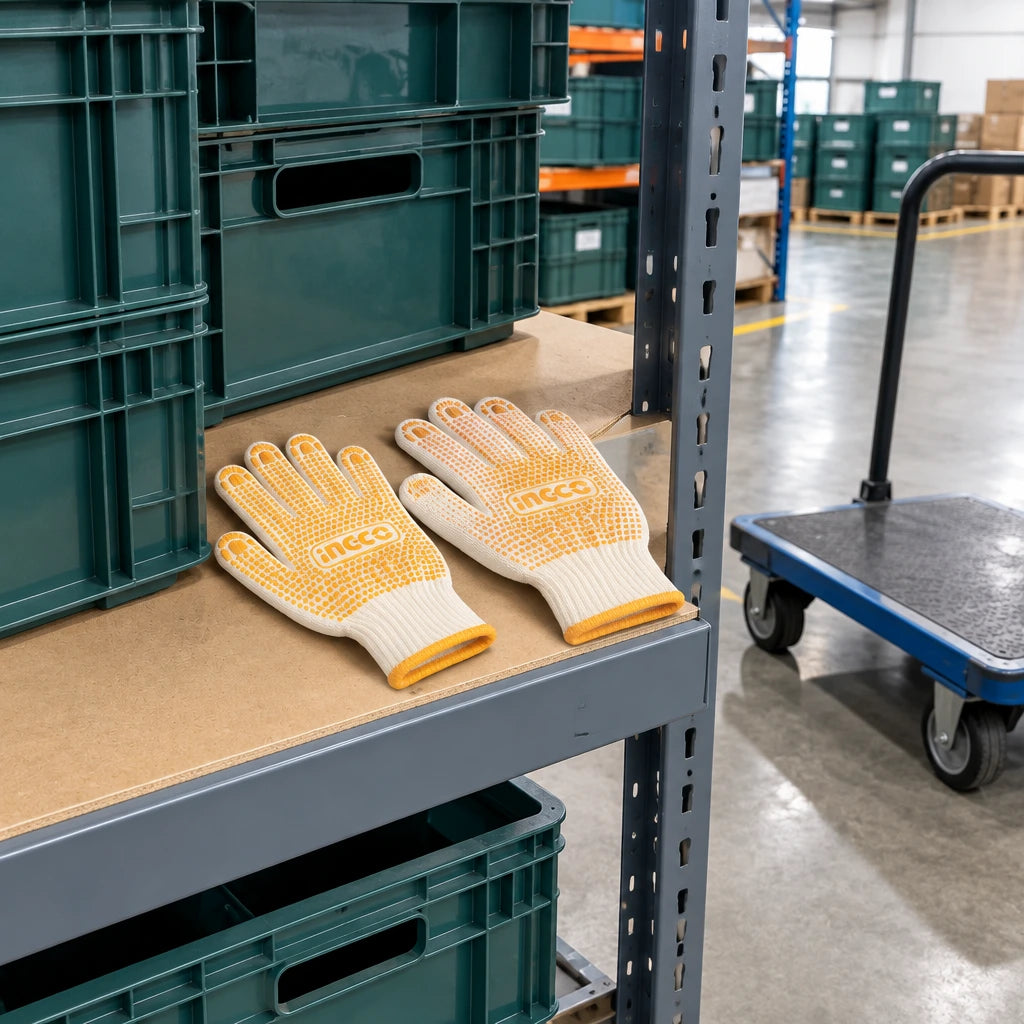 Ingco HGVK65 PVC-dot work gloves resting on a warehouse equipment shelf beside reusable cargo crates