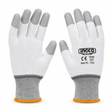 Ingco HGPUG62 XL pair of white PU fingertip-coated precision assembly gloves on white background