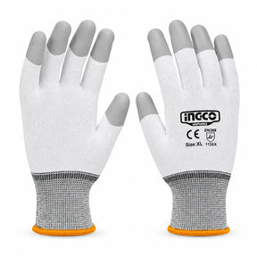 Ingco HGPUG62 XL pair of white PU fingertip-coated precision assembly gloves on white background