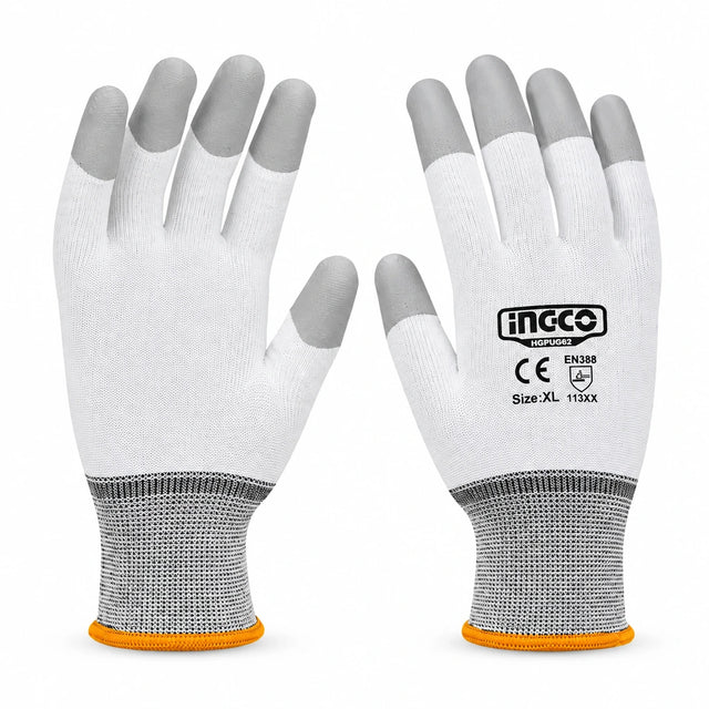 Ingco HGPUG62 XL pair of white PU fingertip-coated precision assembly gloves on white background