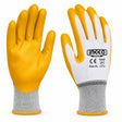 Ingco HGNG64 XL yellow nitrile-coated polyester work gloves, one pair on white background.