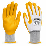 Ingco HGNG64 XL yellow nitrile-coated polyester work gloves, one pair on white background.
