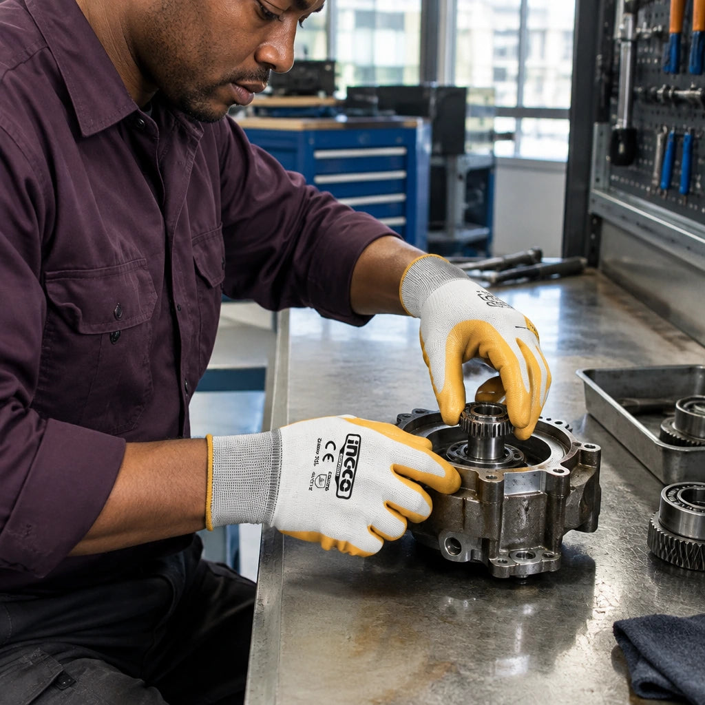 African American assembly technician wearing Ingco HGNG64 nitrile gloves while positioning an oily mechanical component.