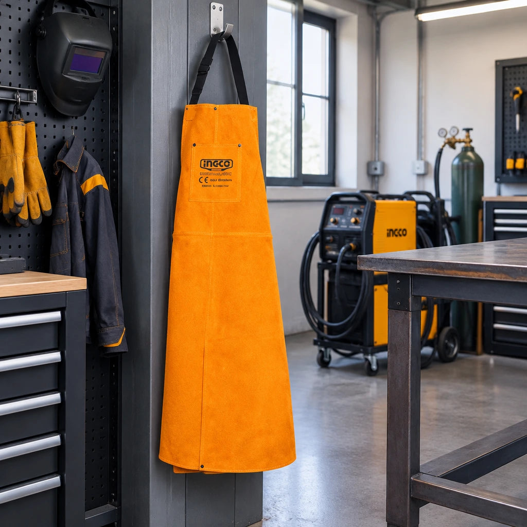 Ingco HGVA03 leather welding apron hanging beside an organised welding station in a professional workshop.
