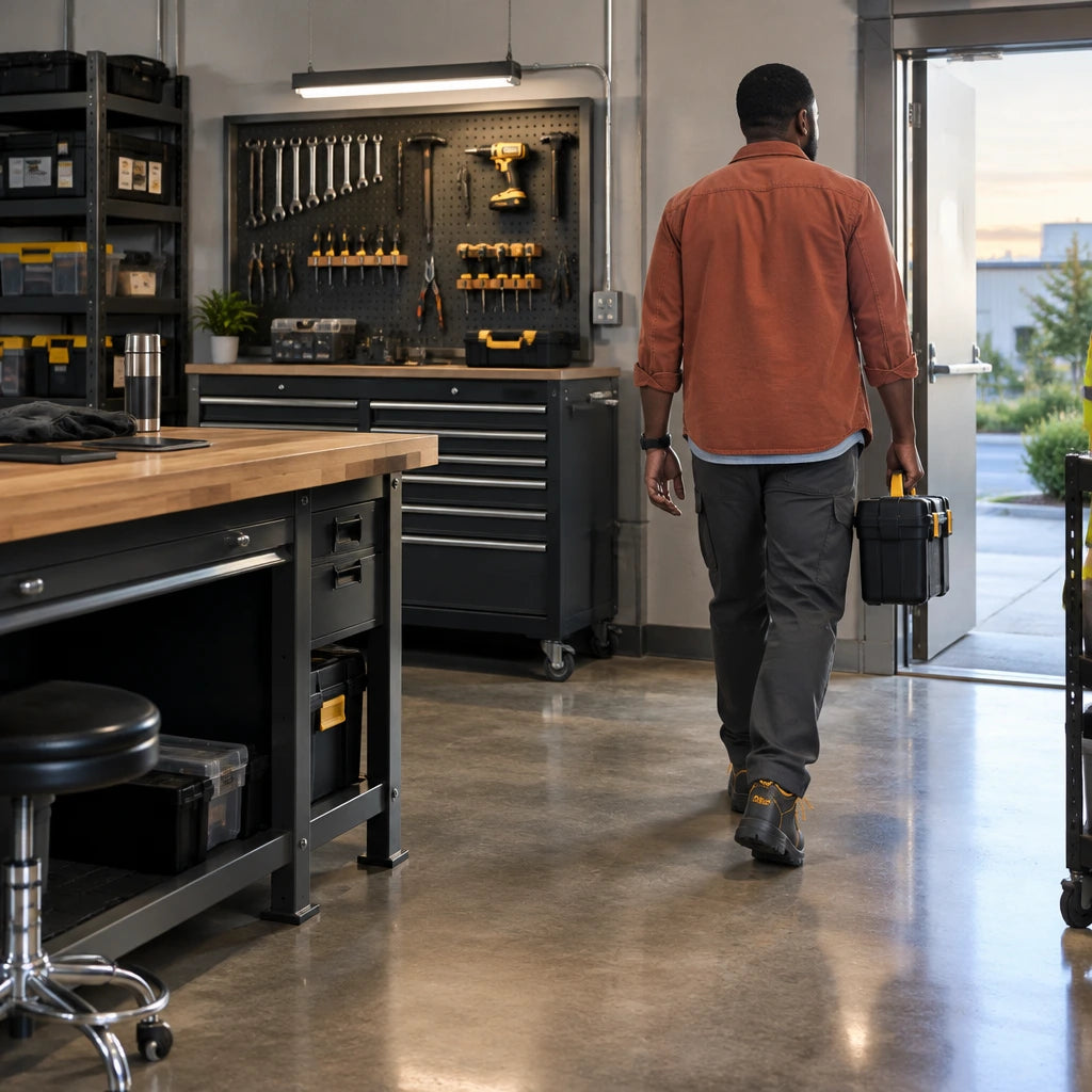 Worker wearing Ingco SSH04SB.47 steel-toe boots walks from a completed, orderly maintenance workshop at the end of a shift.