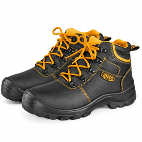 Ingco SSH04SB.47 size 47 black split-leather steel-toe safety boots with orange laces and rugged dual-density PU soles on a white background.