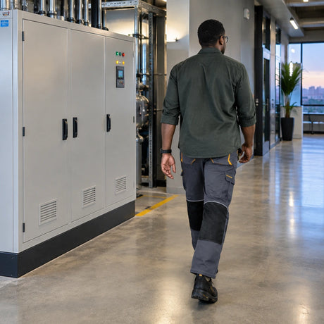 Technician wearing Ingco WUCT8022.L reinforced work trousers walks past a completed commercial service cabinet