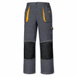 Ingco WUCT8022.L grey professional work trousers with orange pocket accents and black reinforced knee panels on a white background