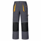 Ingco WUCT8022.L grey professional work trousers with orange pocket accents and black reinforced knee panels on a white background