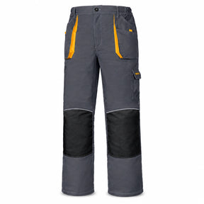 Ingco WUCT8022.L grey professional work trousers with orange pocket accents and black reinforced knee panels on a white background