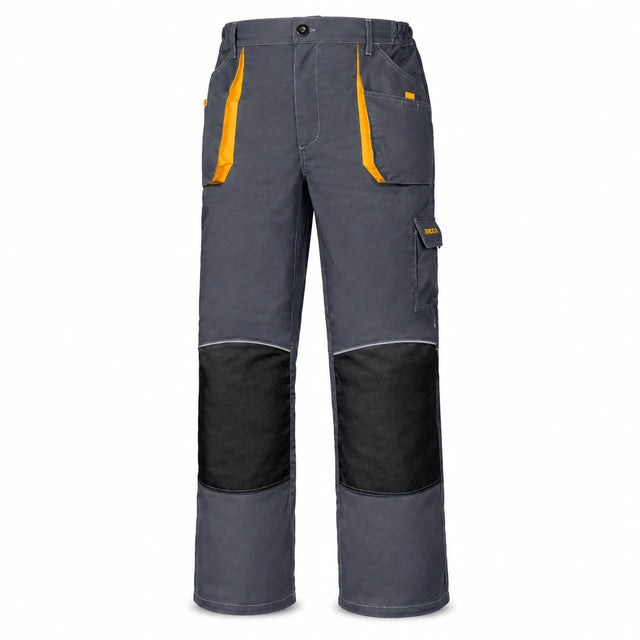 Ingco WUCT8022.L grey professional work trousers with orange pocket accents and black reinforced knee panels on a white background