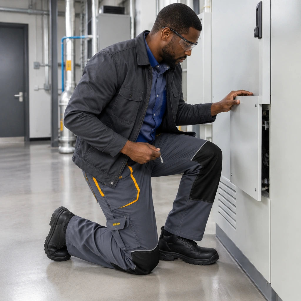 African American maintenance fitter wearing Ingco WUCT8022.L work trousers while kneeling to secure a commercial utility cabinet panel