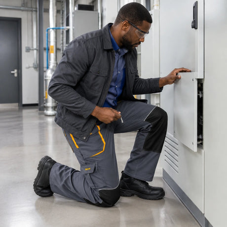African American maintenance fitter wearing Ingco WUCT8022.L work trousers while kneeling to secure a commercial utility cabinet panel