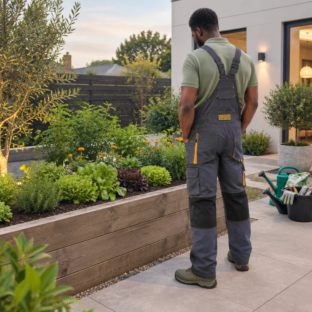 Finished courtyard planting bed inspected by an African American gardener wearing Ingco WUCT8033.XL work overalls