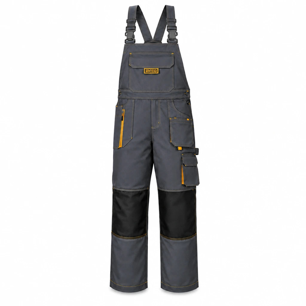 Ingco WUCT8033.XL grey polyester-cotton work overalls with adjustable straps and multiple tool pockets on a white background