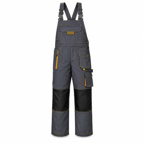 Ingco WUCT8033.XL grey polyester-cotton work overalls with adjustable straps and multiple tool pockets on a white background
