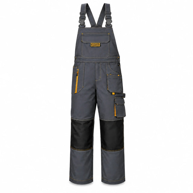 Ingco WUCT8033.XL grey polyester-cotton work overalls with adjustable straps and multiple tool pockets on a white background