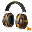 Ingco HEM3328 brown and orange industrial earmuffs with padded headband and included orange earplugs on a white background.