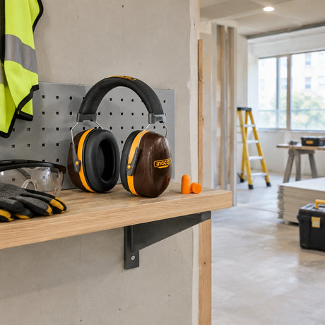 Ingco HEM3328 industrial earmuffs resting at an organised PPE station inside a contemporary renovation site.