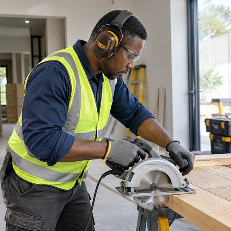 African American construction worker wearing Ingco HEM3328 earmuffs while cutting secured timber during a clean home renovation.