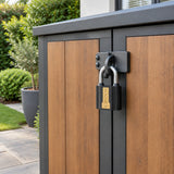 Ingco 38 mm padlock attached to a closed outdoor garden storage cabinet hasp
