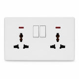 Wadfow WQKA9U5A white 2-gang universal switched socket with two outlets, rocker switches and LED indicators on a white background