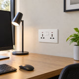Wadfow white 2-gang universal switched socket installed above a contemporary home-office desk