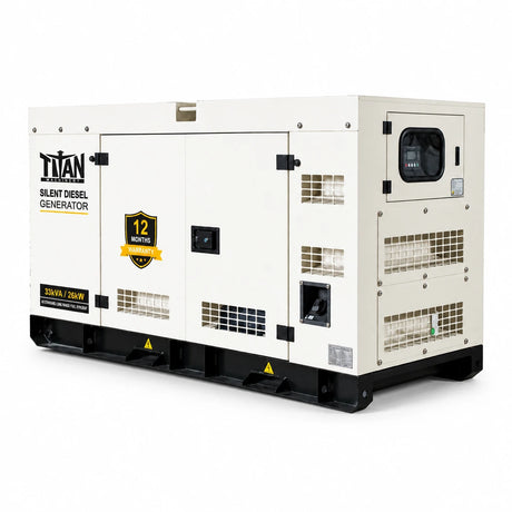 Titan enclosed three-phase silent diesel generator with front controller, ventilation grilles and black base on a white background