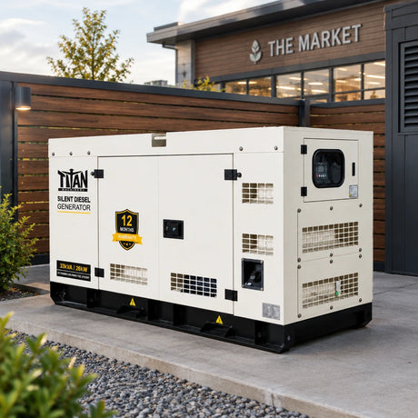Titan silent diesel generator parked on a concrete service pad in a ventilated commercial market generator compound