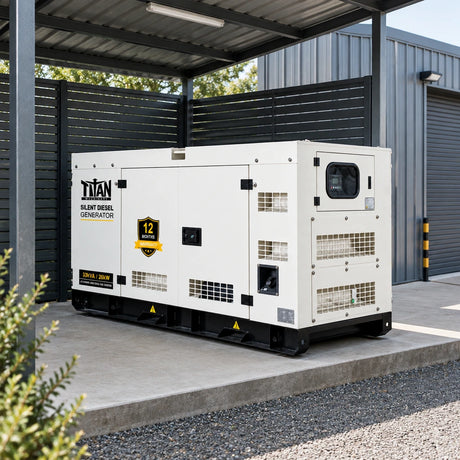 Titan white silent diesel generator parked on a concrete pad in a screened commercial workshop service bay