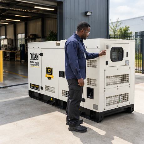 Electrical technician checks the controller on a Titan 23kVA silent diesel generator beside a commercial fabrication workshop