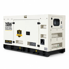 Titan 33kVA three-phase silent diesel generator with cream enclosure, black base and integrated controller on white background