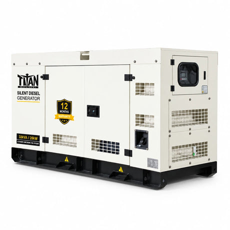 Titan 33kVA three-phase silent diesel generator with cream enclosure, black base and integrated controller on white background