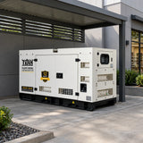 Titan 33kVA silent diesel generator parked in a screened service bay behind a contemporary retail shop