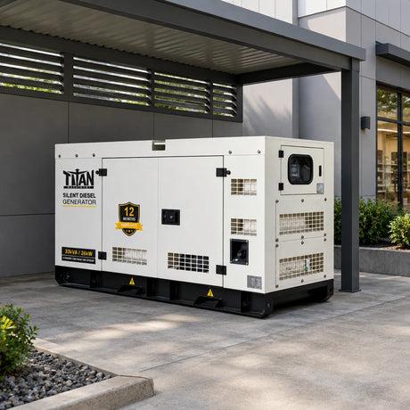 Titan 33kVA silent diesel generator parked in a screened service bay behind a contemporary retail shop