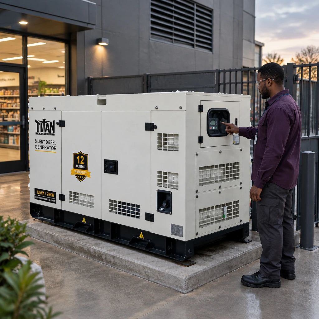 African American facilities technician checking the Titan 33kVA generator controller beside a retail shop