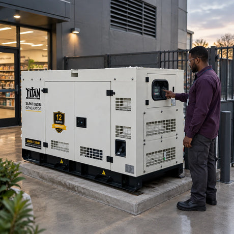African American facilities technician checking the Titan 33kVA generator controller beside a retail shop