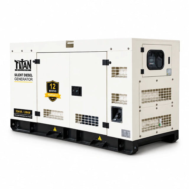 Titan silent diesel generator in white acoustic enclosure with front controller and ventilation grilles on a white background.