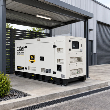 Titan enclosed diesel generator parked on a concrete pad in a screened commercial workshop service bay.