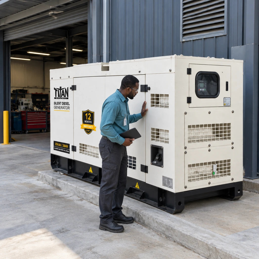 Electrical maintenance supervisor checks a Titan silent diesel generator controller beside an organised commercial workshop.