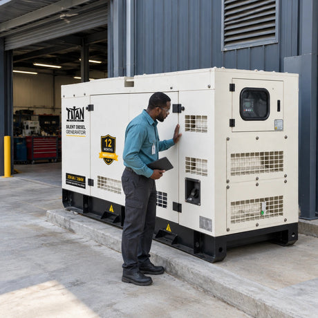 Electrical maintenance supervisor checks a Titan silent diesel generator controller beside an organised commercial workshop.