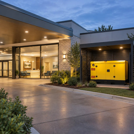 Titan 70kVA generator resting outside a well-lit contemporary office building during dependable backup-power service