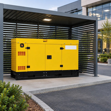 Yellow Titan 70kVA silent diesel generator parked in a screened office-campus service bay