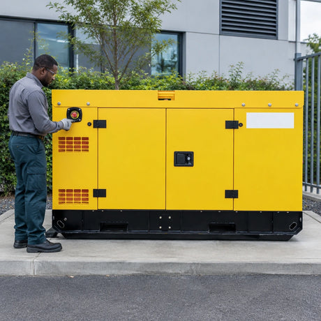 Facilities engineer inspecting the emergency-stop area and ventilation grilles on a Titan 70kVA yellow diesel generator