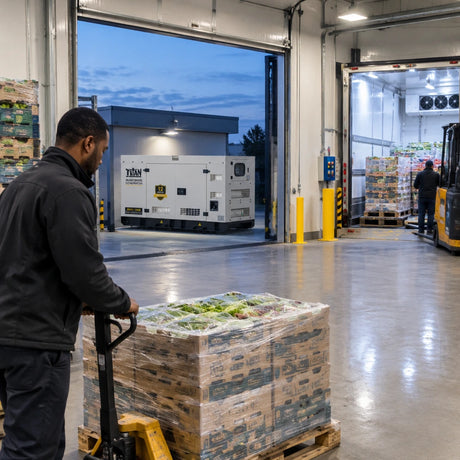 Operational refrigerated distribution facility with Titan diesel generator visible in the service bay