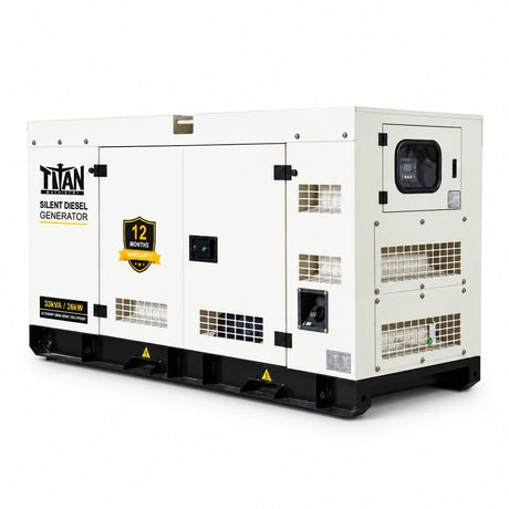 Titan enclosed three-phase diesel generator with electric start and integrated controller on a white background
