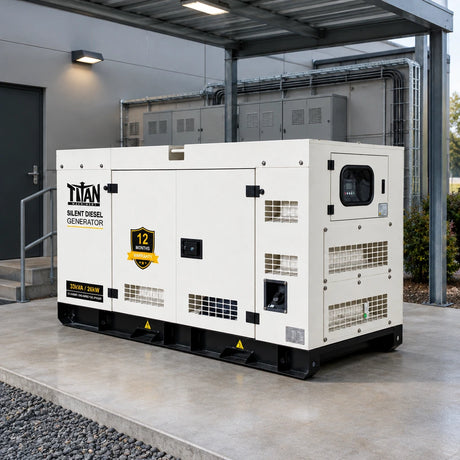 Titan silent diesel generator parked on a concrete pad in a covered commercial plant compound
