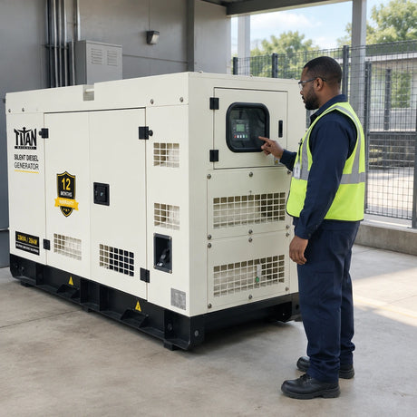 Electrical technician checking the Titan generator controller in a commercial plant service area