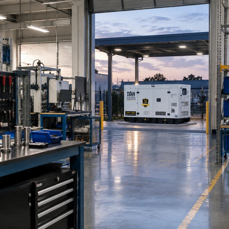 Orderly commercial production floor remaining operational with a Titan generator visible in the service bay