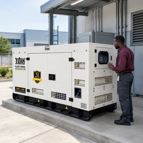 Industrial technician checking the controller on a Titan silent diesel generator in a commercial service yard